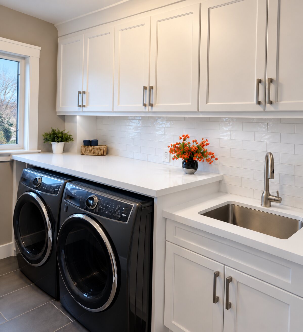 Completed white laundry room with full-height upper cabinetry, quartz work surface, utility sink and dark appliances