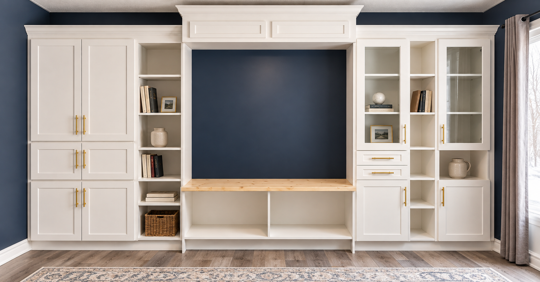 White built-in cabinetry with open shelving, glass doors and wood work surface