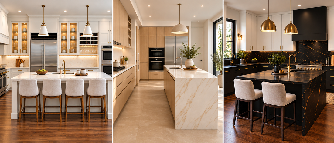 Three kitchen island designs: a white shaker island with seating, a light wood prep waterfall island, and a black island with gold-veined countertop.