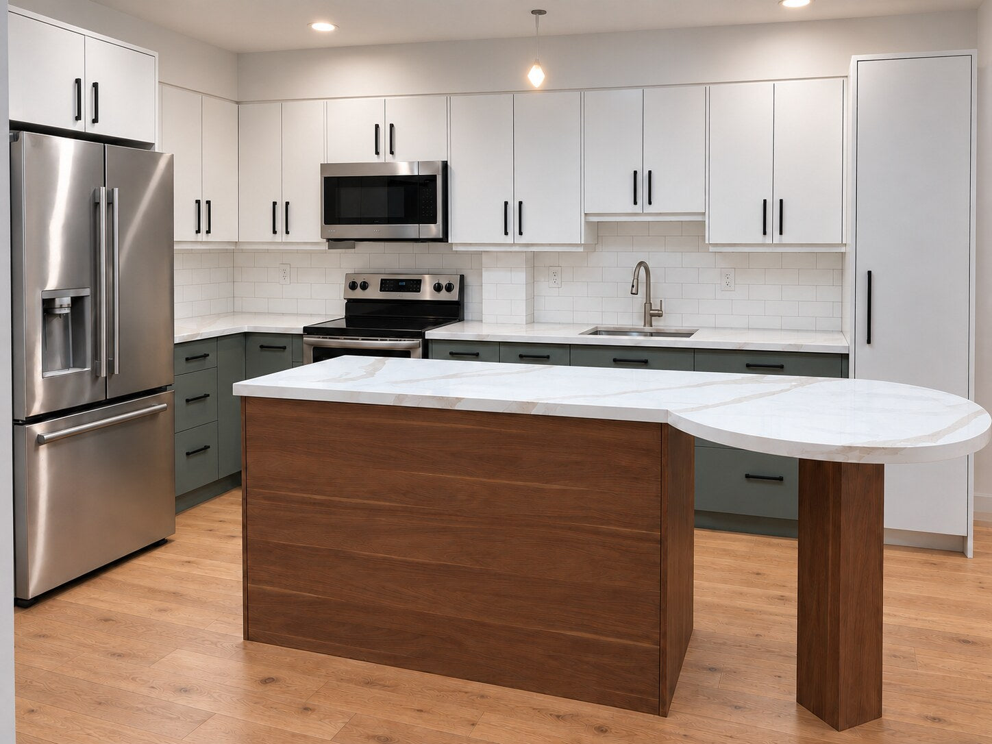 Custom two-tone kitchen with white and green-grey cabinetry, walnut island, quartz surfaces and stainless-steel appliances